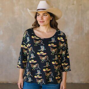 Vintage Y2K Western Sequin Cowgirl Graphic Top Tee Black XXL Collections ETC Fun